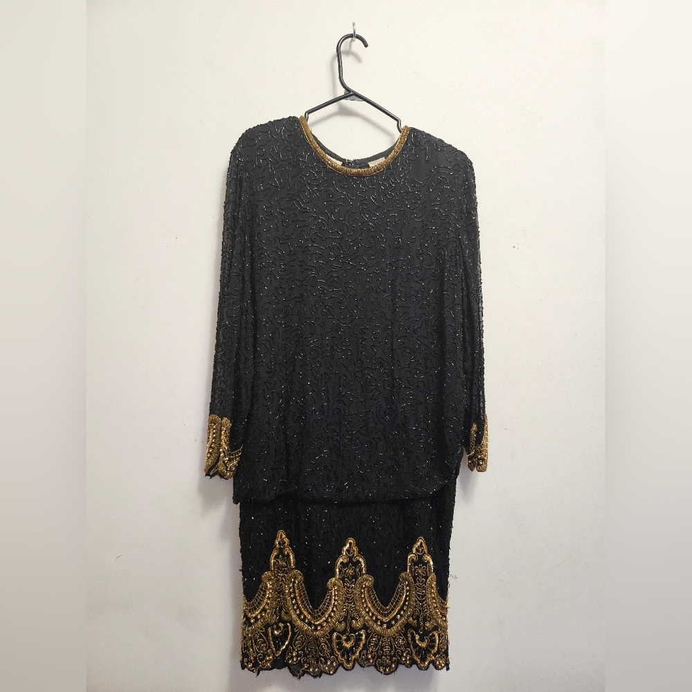 80s Black and gold beaded cocktail dress